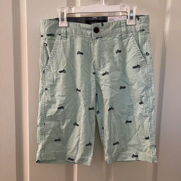 Tommy Hilfiger Green Striped Seersucker Shorts Motorcycle Print Boys Size 12 NWT - Picture 1 of 9